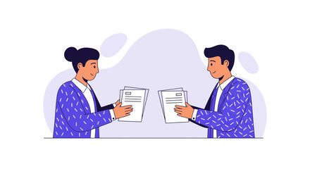 Business colleagues exchanging documents in modern office setting