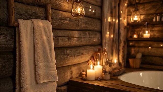 Cozy Log Cabin Bathroom with Candles and String Lights.