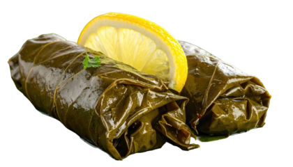 Two vine-leaf wrapped rolls with lemon slice, dark background