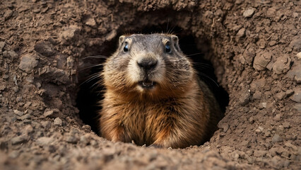 Surprised Groundhog Emerging from Hole, Funny Wildlife Portrait with Expression