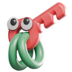 Cartoon key with googly eyes and green rings in its mouth.