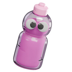 A pink water bottle with googly eyes and a transparent plastic shell isolated on white background.