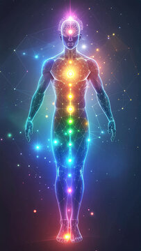 Human Body with Chakras and Aura in a Cosmic Setting.