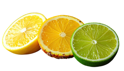 Trio of sliced citrus fruits lemon, orange, and lime, isolated on black