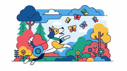 Naklejka premium Energetic dog chasing butterflies in a vibrant park setting.