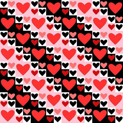Geometric seamless pattern with red black and white hearts, Valentine day illustration.