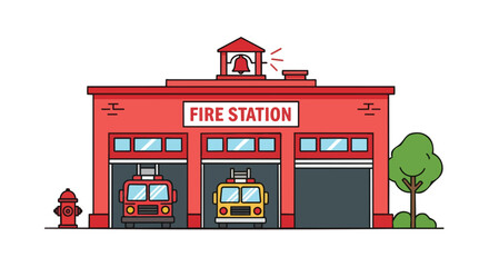 Vibrant cartoon illustration of a bustling fire station featuring two emergency vehicles and a classic fire hydrant on a crisp white background