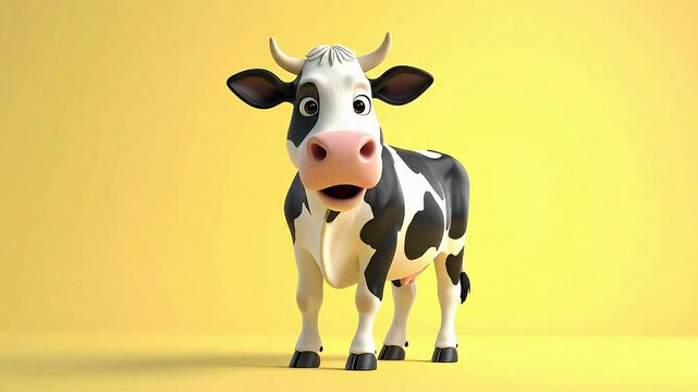 Cute cartoon black and white cow with big eyes standing on a plain yellow background, front view.