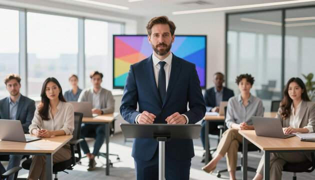 Man in suit at lectern giving a business presentation to seated diverse colleagues in a modern conference room