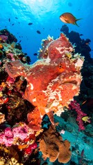 Underwater shot of a red and white frogfish perched on vibrant coral reef, bathed in bright sunlight