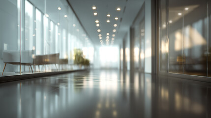 Obraz premium Modern office corridor with glass walls and bright natural light, reflecting on polished floor, creating calm and spacious atmosphere in professional environment