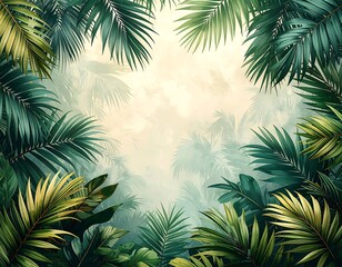 Lush, painterly tropical foliage frames a foggy light-filled center in this stylized nature background