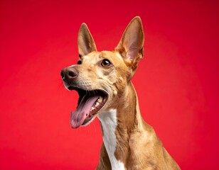 Obraz premium Portrait of a happy dog with its mouth open on a red backdrop