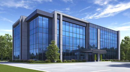 Fototapeta premium Modern office building exterior with reflective glass windows and surrounding greenery under blue sky, showcasing contemporary architecture and clean, professional environment