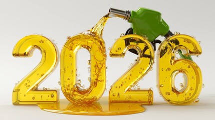 Fuel nozzle pouring oil into liquid 2026 numbers, symbolizing future energy demand