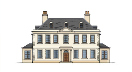 Elegant classical residential building illustration with symmetrical facade and traditional design