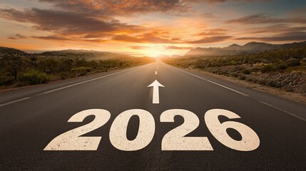 Road with painted 2026 and arrow leading towards a bright sunset, symbolizing future goals and new challenges with copy space