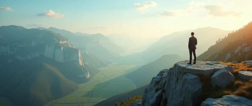 Businessman stands on cliff edge, gazing over vast valley as camera slowly pans, capturing breathtaking scenic mountain view with gentle clouds drifting; cinematic and inspiring.