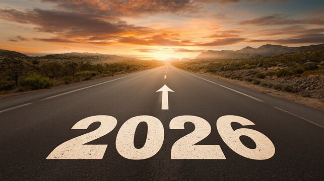 Road with painted 2026 and arrow leading towards a bright sunset, symbolizing future goals and new challenges with copy space