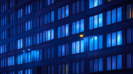 Modern office building windows glow with blue light at night, creating calm and serene urban atmosphere with street lamps adding warm contrast to cool tones