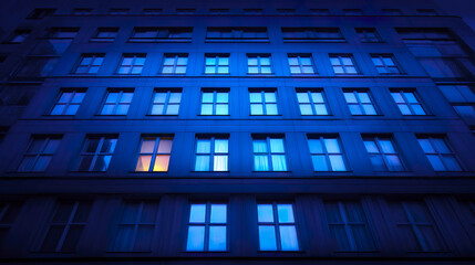 Office building windows illuminated with blue light at night, one window glowing warmly, creating calm and mysterious urban atmosphere in cityscape
