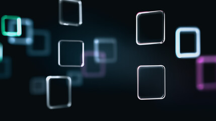 Modern abstract design: metallic squares floating and overlapping against a dark background, creating a futuristic, high-tech vibe.