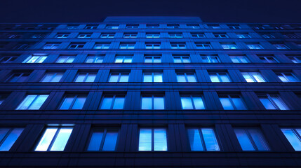 Office building windows glowing blue at night with artificial light inside, creating calm and modern urban atmosphere in cityscape view