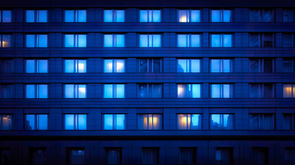 Modern office building windows reflect blue light with some inner artificial lamps glowing warmly at night, creating calm and serene urban atmosphere