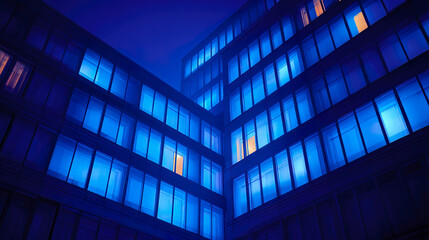 Modern office building with blue illuminated windows at night, featuring few warm yellow lights inside, creating calm and futuristic atmosphere in cityscape