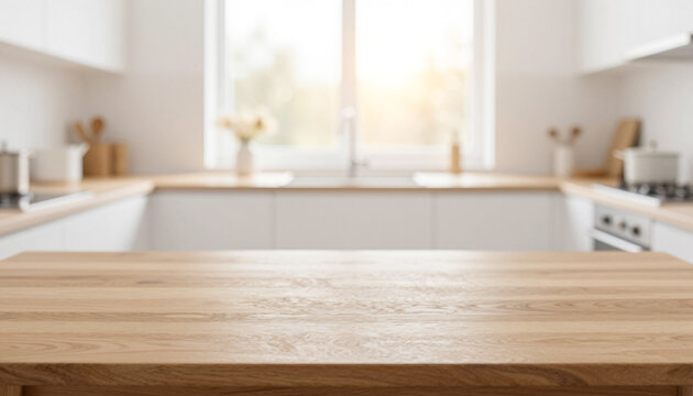 Light wooden countertop in a bright modern white kitchen with a sunlit window and softly blurred background