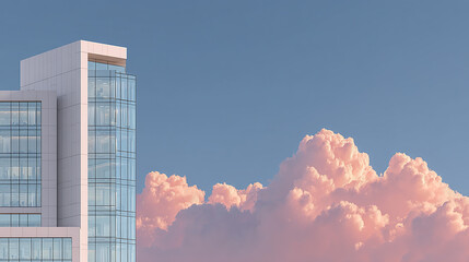 Modern office building with minimalist white facade and large glass windows stands against clear blue sky with soft pink clouds, creating calm and serene atmosphere