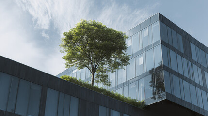 Modern office building with glass facade and green tree on rooftop garden under blue sky with clouds, showcasing eco friendly architecture and urban sustainability