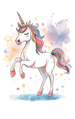 Cute Pastel Unicorn Illustration with Rainbow Mane, Watercolor Style Fantasy Animal on White Background