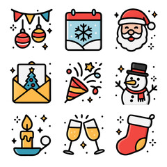 Festive christmas icons perfect for holiday designs with santa, snowman, and decorations. Ideal for greeting cards, social media posts.