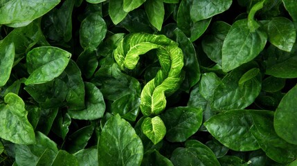 Close-up of green leaves with a question mark shape artfully constructed from vibrant foliage. The symbol stands out in a natural setting