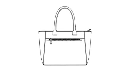 Precise linear blueprint of a contemporary carry-all tote bag featuring a prominent zippered front pocket and sturdy top handles for versatile