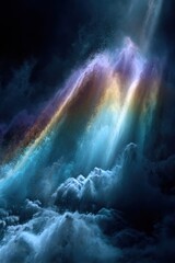 Fototapeta premium Ethereal Rainbow Light Rays Piercing Dark, Volumetric Storm Clouds with Divine Glow.
