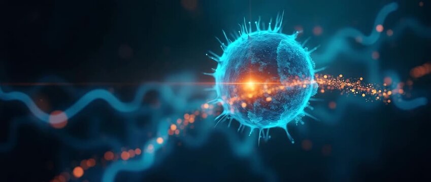 Microscopic virus particle rotates gracefully as camera pans slowly, surrounded by swirling particles, creating a cinematic and engaging scientific visualization.