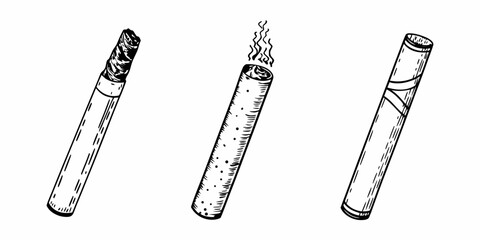 Three stages of a cigarette unlit lit and extinguished