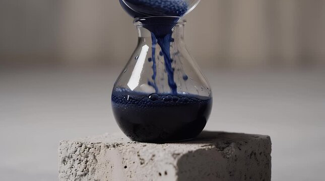 Dark blue liquid slowly flows through an hourglass on a textured concrete block symbolizing time passing and representing concepts like deadlines aging and precious moments