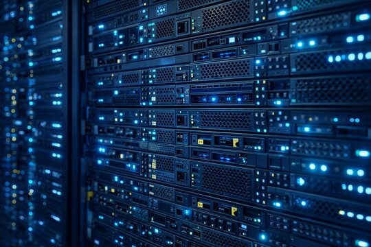 Blockchain Server Rack Close-Up with Blue LED Indicators - Powered by Adobe