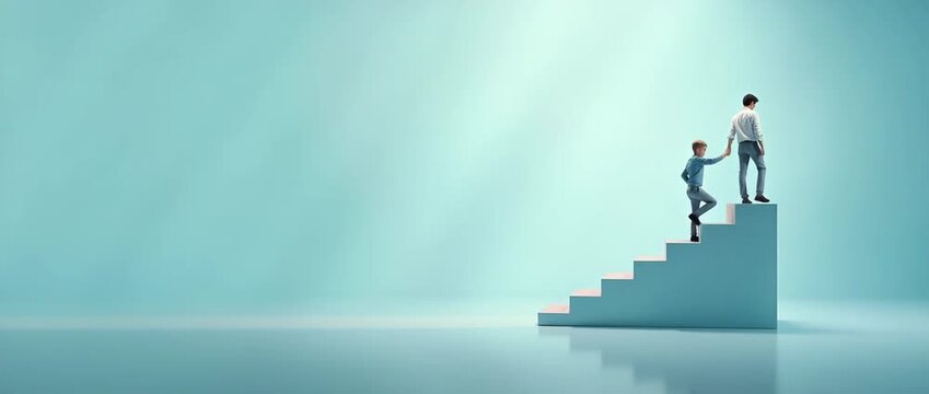 Two people ascend minimalist stairs in a serene space; the camera gently pans, capturing their upward journey in a cinematic style against a tranquil blue background.