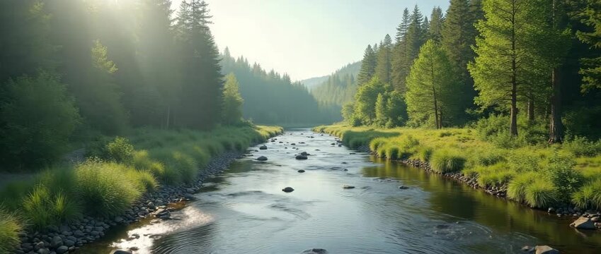 Serene mountain river flows gently as camera slowly pans, capturing lush forest and sunlight filtering through trees in a cinematic, tranquil nature scene perfect for relaxation and meditation.