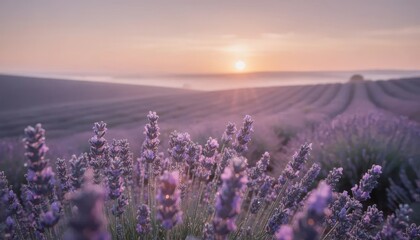 Tranquil Lavender Blooms Under a Purple Sunset: A Serene Landscape Where Nature Meets the Horizon and the Sky Dances with Color