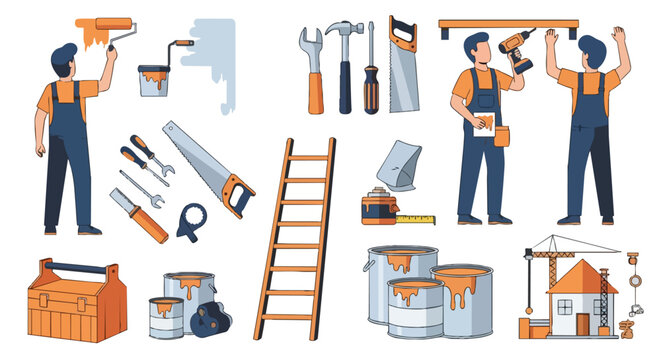 Dynamic vector illustration showcasing diverse construction and home renovation tools with active workers.