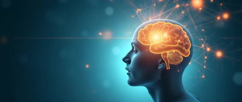 Futuristic concept of human brain activity visualized with neural connections glowing, as the camera smoothly pans across a digital landscape in a cinematic style.