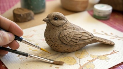 Artistic Handmade Clay Bird Sculpture: A Detailed Craft with Unique Paint Texture and Brush Techniques