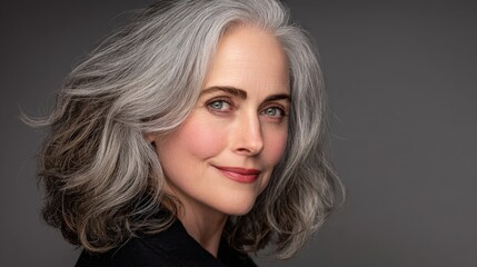 Fototapeta premium A confident woman with silver hair smiles gently, showcasing her striking features against a neutral background.
