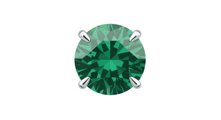 Vibrant green brilliant cut gemstone held by elegant silver prongs on white background