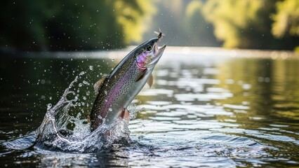 Fototapeta premium A trout leaps from water, catching a fly, sunlight dappling the river